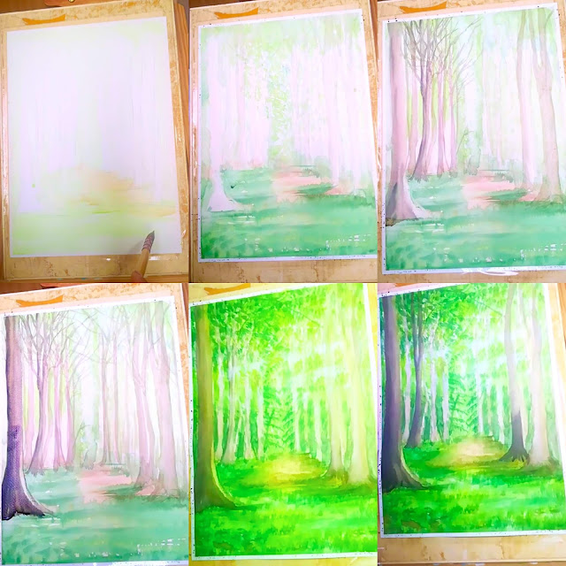 How to Draw Watercolor Spring sunrise in the forest tutorial speed painting