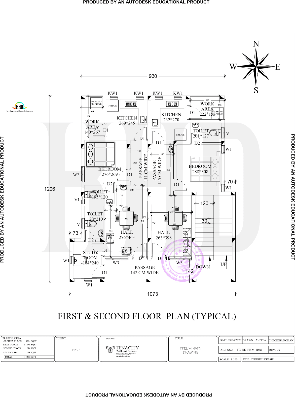 Architectural drawing showcasing the first and second floor plans of the three-floor small apartment in Edappally, Ernakulam, Kerala, highlighting the layouts of Unit A and Unit B, with living spaces and amenities.