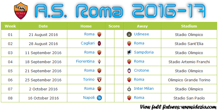 Download Jadwal A.S. Roma 2016-2017 File JPG - Download Kalender Lengkap Pertandingan A.S. Roma 2016-2017 File JPG - Download A.S. Roma Schedule Full Fixture File JPG - Schedule with Score Coloumn