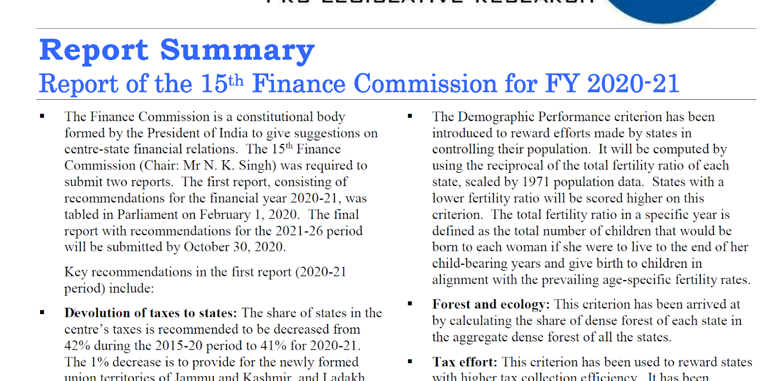 15th FC Report 2020-21