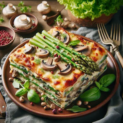Auf dem Bild ist ein Teller mit einer Portion Edelpilz-Spargel-Lasagne zu sehen. Auf der Lasagne liegen blättrig-geschnittene Pilze und grüne Spargelstangen. Die vegetarische Mahlzeit sieht lecker und appetitlich aus.