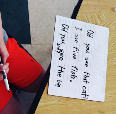 dictated writing on whiteboards in Kindergarten