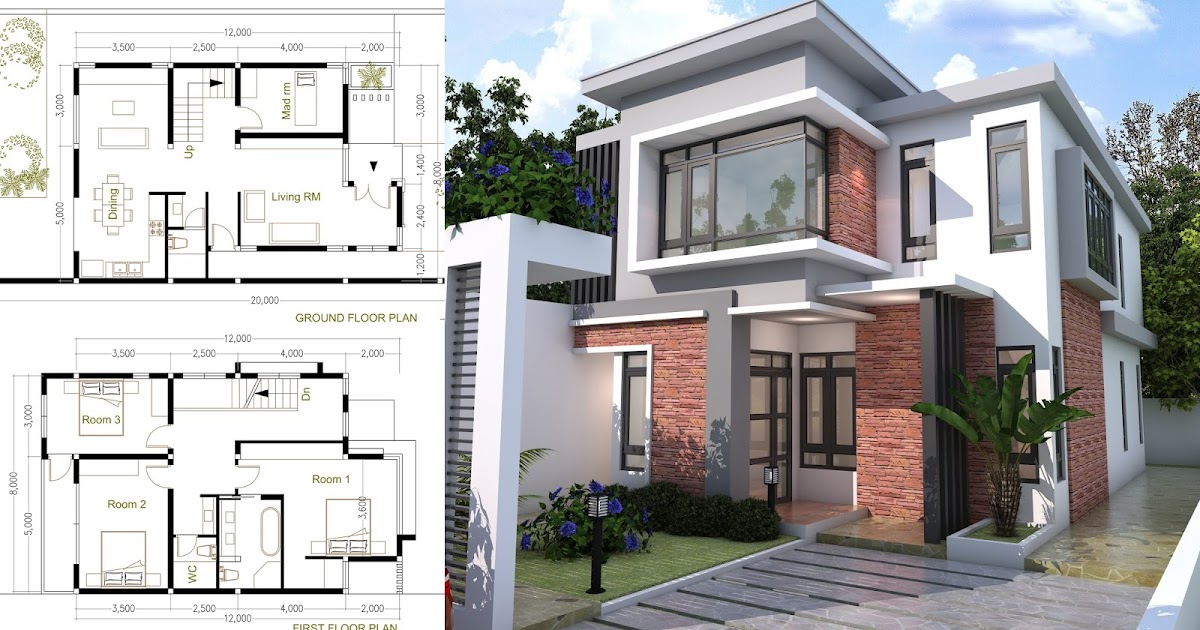  House  Plan  Map SketchUp Modern  Home  Plan  Size  8x12m