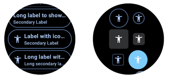 Demonstration of OutlinedChip and OutlinedButton composables on a round watch face