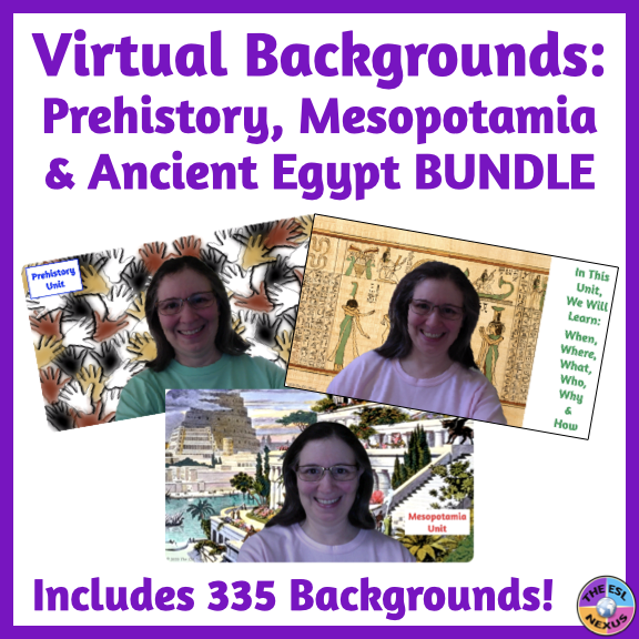 Picture of cover of Virtual Backgrounds bundle, showing 1 Prehistory, 1 Mesopotamia & 1 Ancient Egypt background