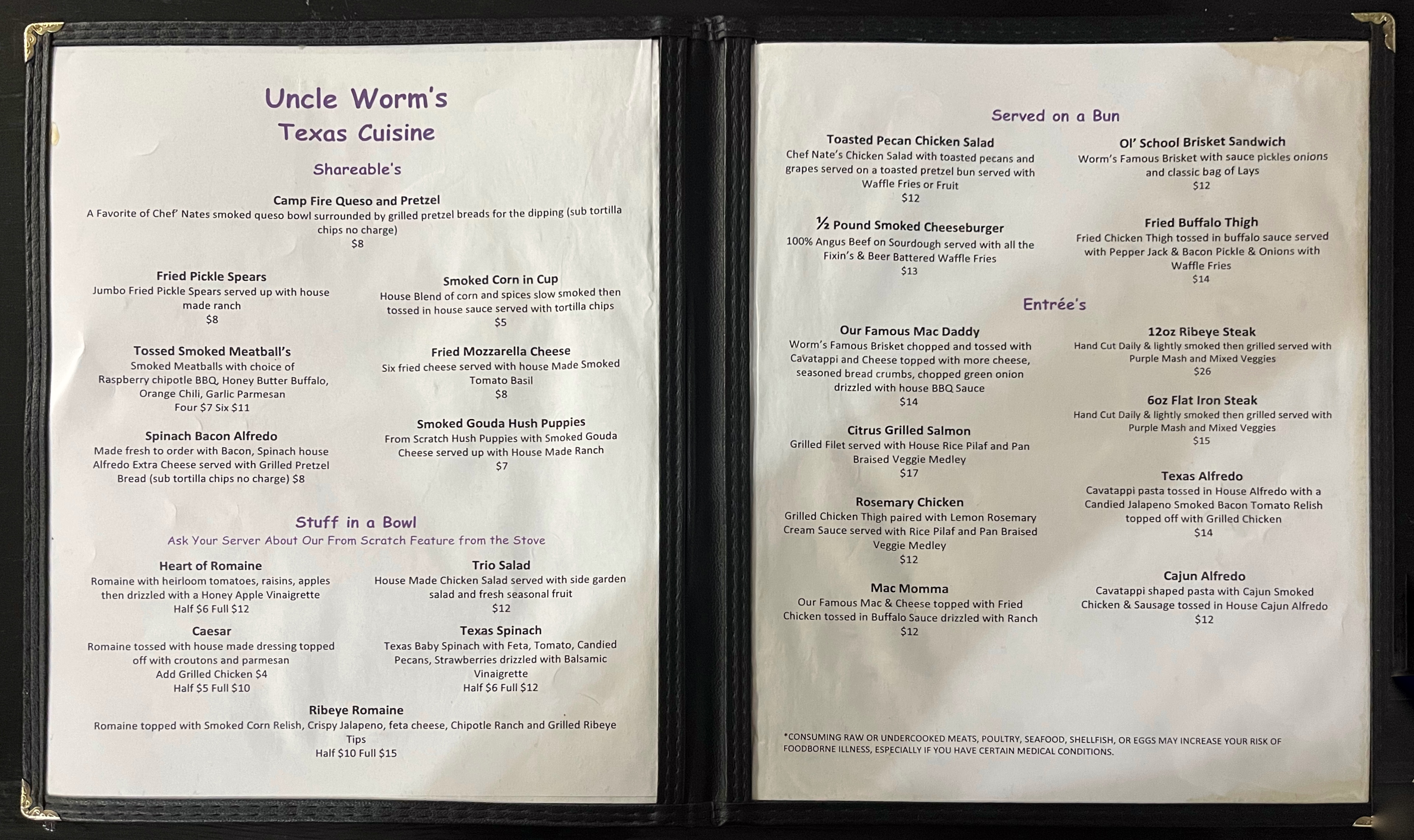 Uncle Worm's Texas Cuisine smokehouse and restaurant menu and prices