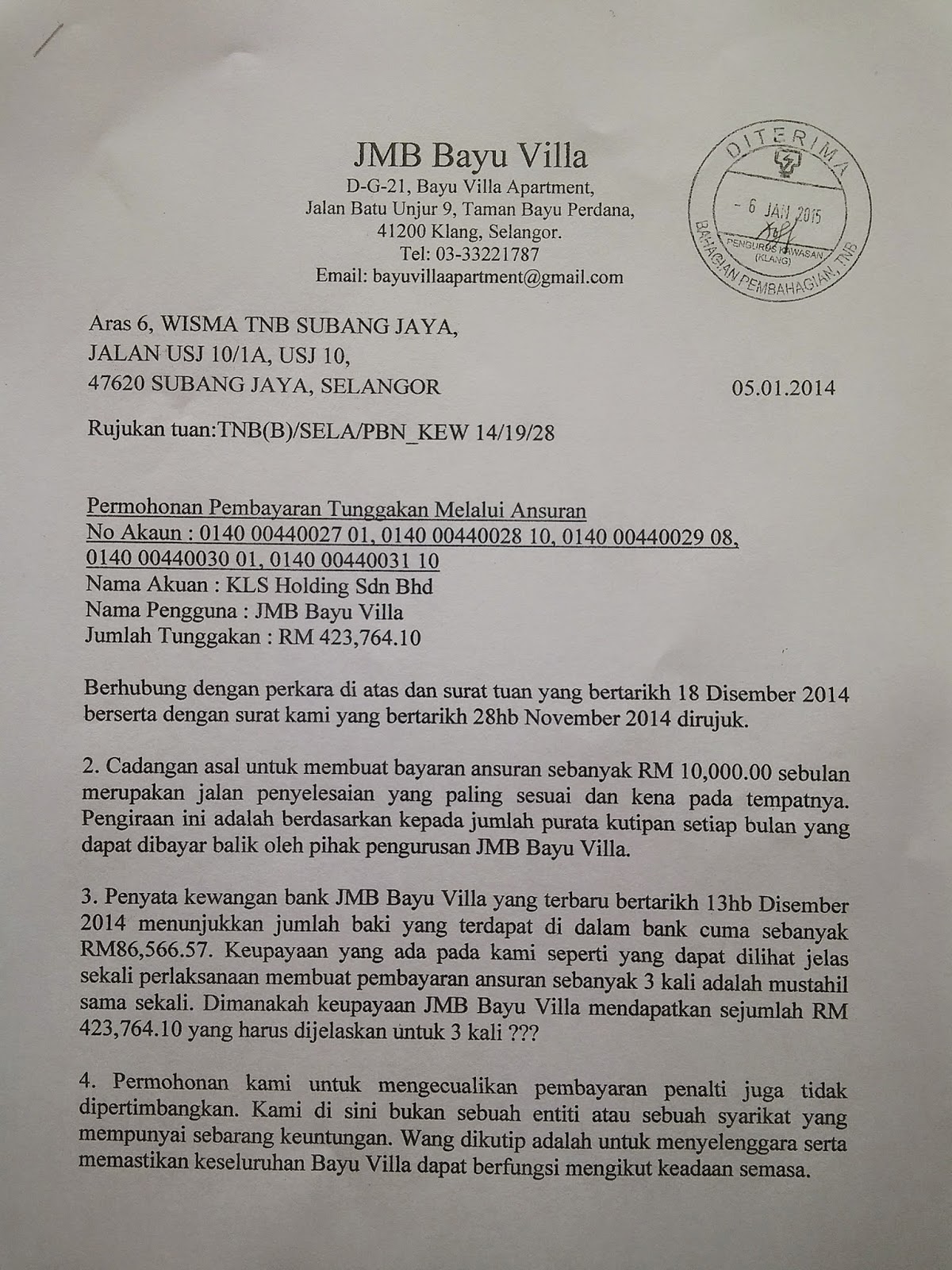 Contoh Surat Rayuan Bayaran Ansuran Bil Elektrik