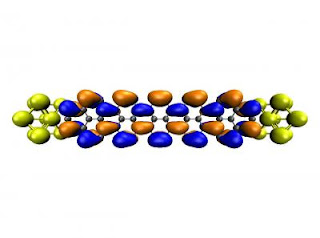 Caption: A representation of conduction channels on a graphene nanoribbon interfaced with gold contacts. Rensselaer Polytechnic Institute researchers have demonstrated for the first time that the length, as well as the width, of graphene directly impacts the material's conduction properties. Credit: Photo Credit: Rensselaer/Philip Shemella. Usage Restrictions: Please include credit line.