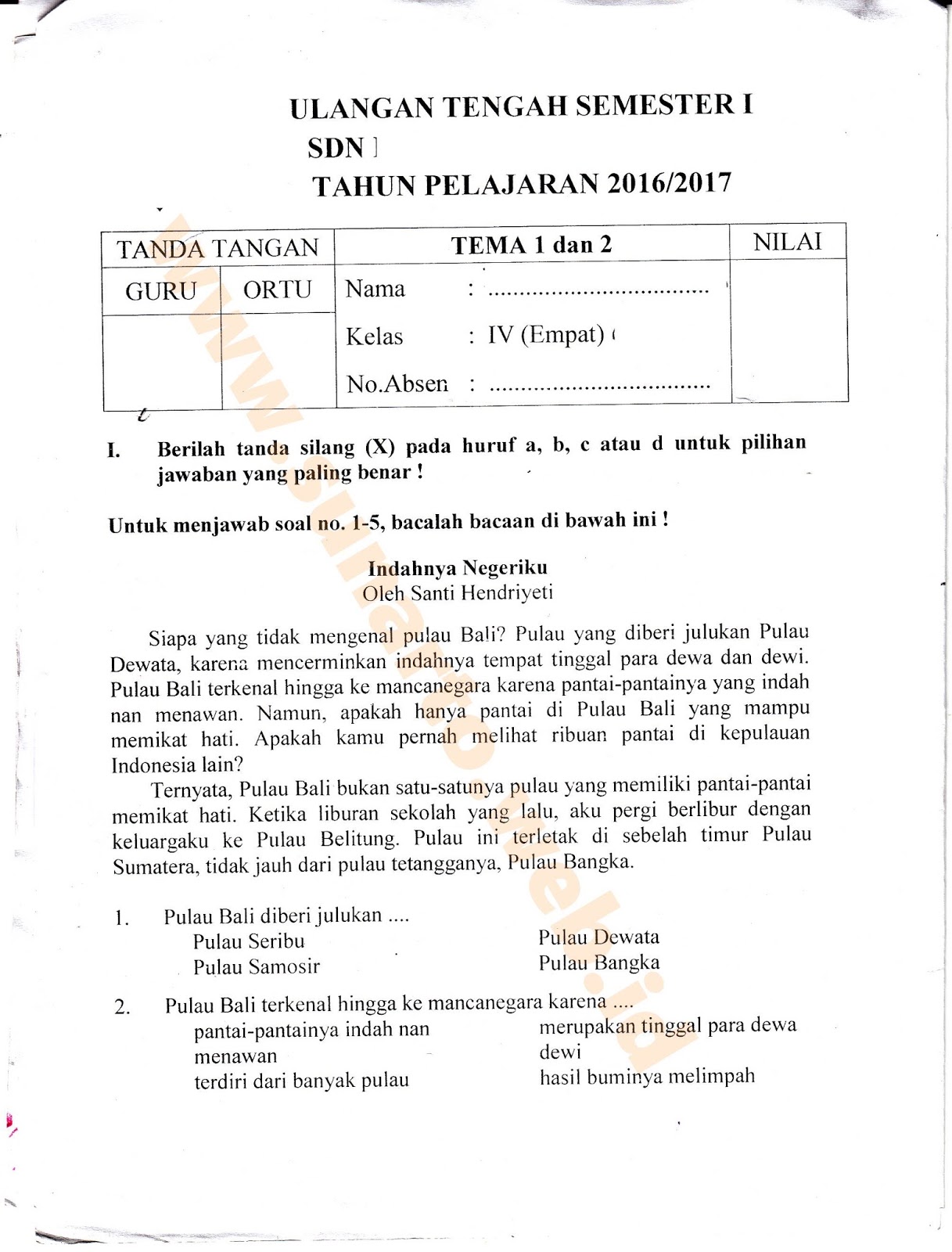 UTS Ujian Tengah Semester Tema 1 dan 2 Bahasa Indonesia Halaman 1 SD Kelas 4 TA 2016 2017 Kurikulum2013