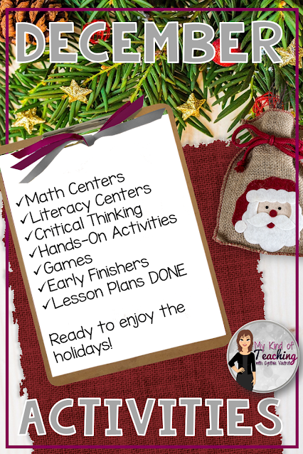 December activities. Shows a checklist of math centers, games, and etc.