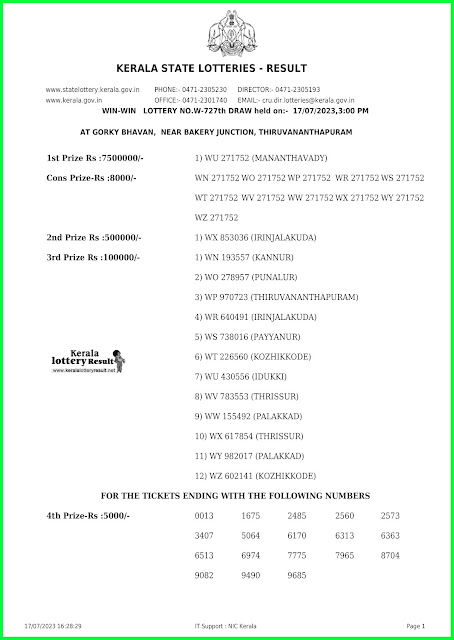 Off. Kerala Lottery Result; 17.07.2023 Win Win Lottery Results Today "W 727"