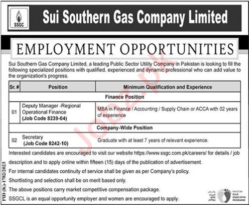 Jobs in Sui Southern Gas Company Limited SSGC