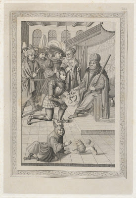 court scene - king, knights and jester