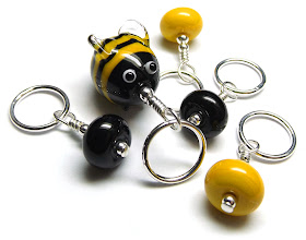 Lampwork glass bee stitch markers by Laura Sparling