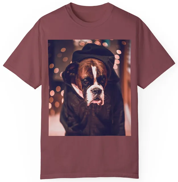 T-Shirt With Boxer Dog Wearing a Black Hoodie