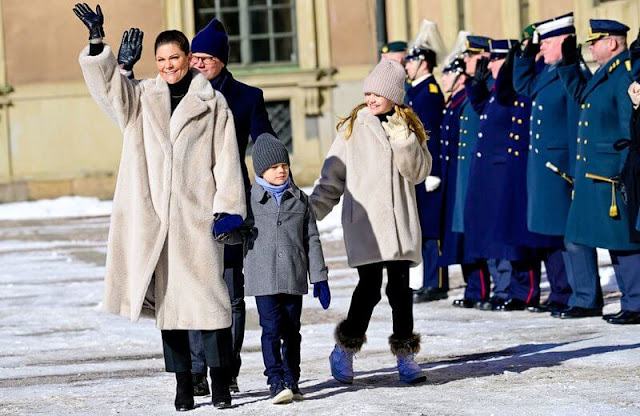 Crown Princess Victoria wore a Sofia Ruutu oversized faux fur coat from By Malina. Estelle wore a faux fur coat from By Malina