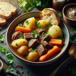 Traditional Irish Stew: A hearty bowl of lamb stew with potatoes, carrots, parsnips, and leeks, garnished with fresh thyme and parsley.