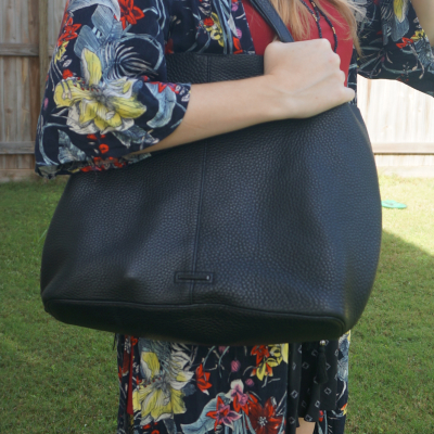 floral print duster and Rebecca Minkoff medium unlined tote in black with shellac studded dome hardware | awayfromtheblue