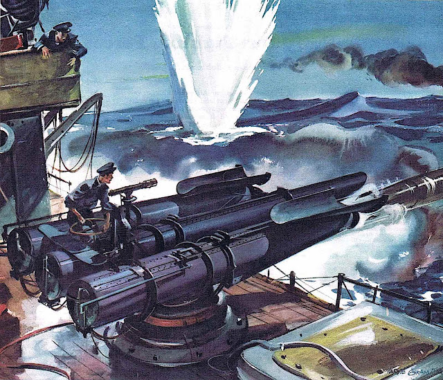 a Hardie Gramatky illustration of a warship in battle