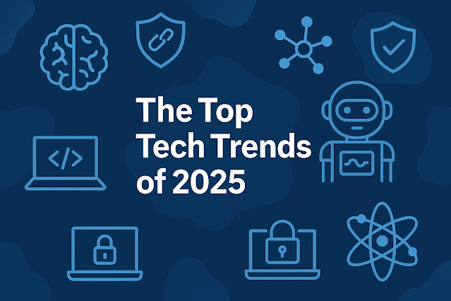 Illustration of futuristic icons including AI, robotics, cybersecurity, and computing, with the text “The Top Tech Trends of 2025” in the center.