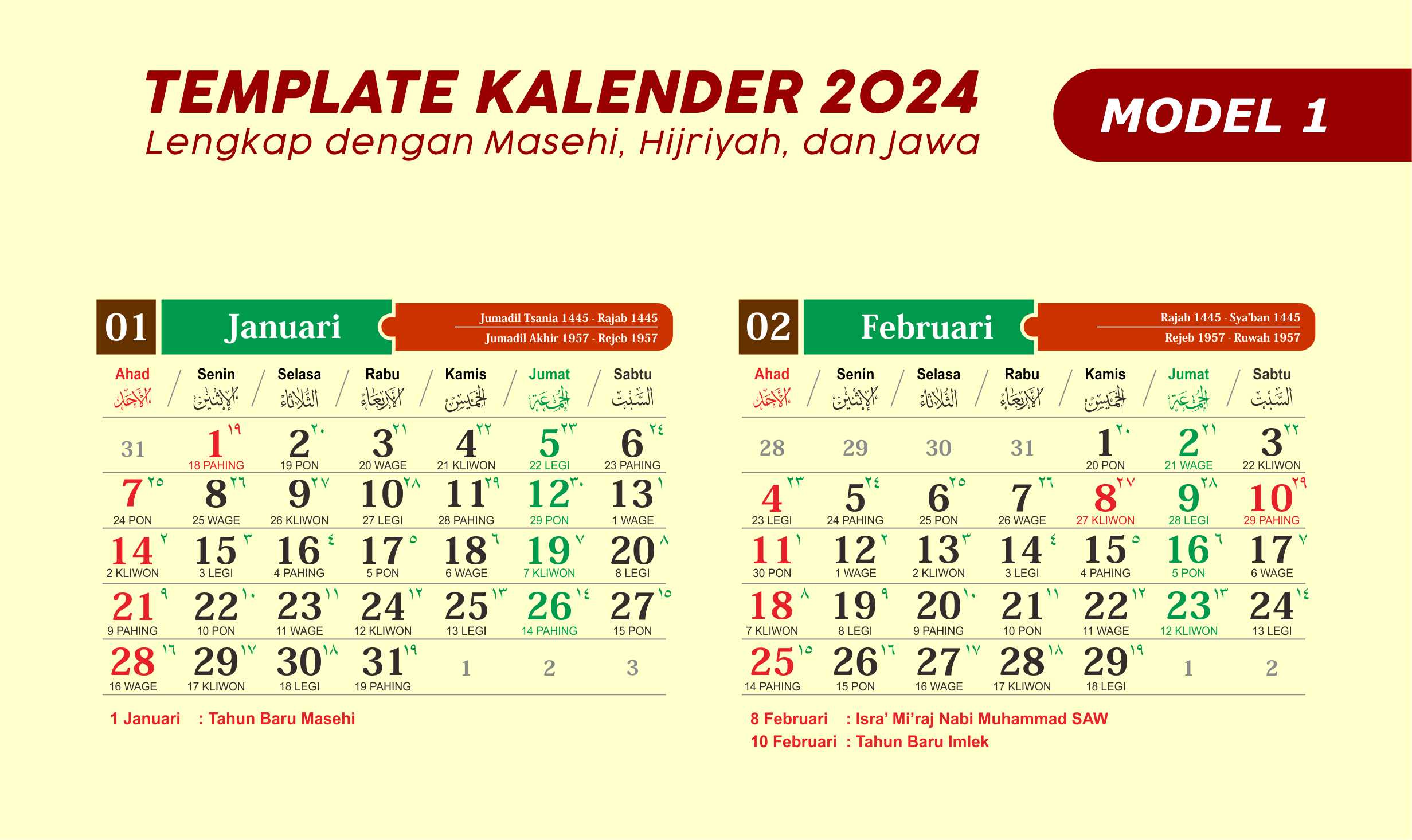 Template Kalender 2024 Lengkap Masehi Hijriah Jawa