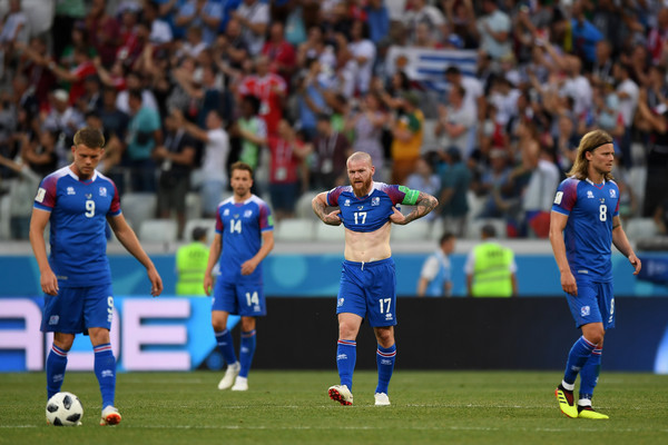 Aron Gunnarsson of Iceland look dejected folloiwing Nigeria's second goal the 2018 FIFA World Cup Russia group D match between Nigeria and Iceland at Volgograd Arena on June 22, 2018 in Volgograd, Russia.