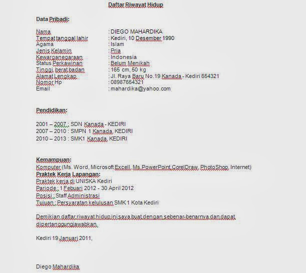 Contoh Daftar Riwayat Hidup Yang Baik Dan Benar 2016 