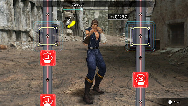 Imagem de Kenshiro como instrutor de boxe em Fitness Boxing Fist of the North Star. É possível ver a interface de usuário, mostrando quais socos realizar.