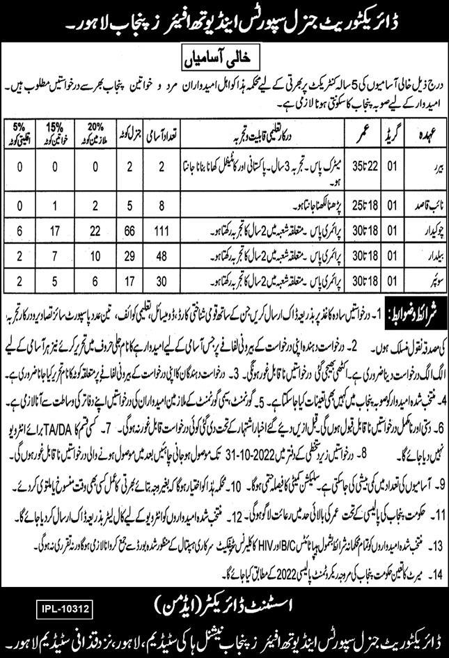 Punjab Govt New Jobs 2022 | Jobs in Punjab at Directorate General Sports and Youth Affairs Lahore
