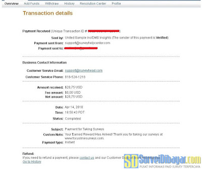 Bukti pembayaran hadiah situs paid survey FocuslineSurveys melalui PayPal | SurveiDibayar.com