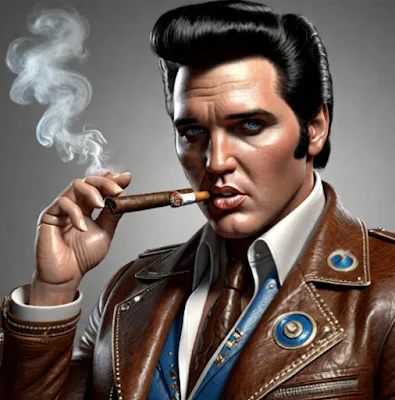 Cartoon like Elvis wearing a Western Brown Blazer and smoking a cigar and a cigarette at the same time from the chest up