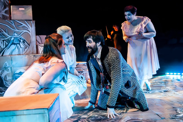 Wagner: Das Rheingold -The Rhinemaidens (Angharad Lyddon, Kiandra Howarth, Claire Barnett-Jones) and Alberich (Seth Carico) - Grimeborn Festival (Photo Lidia Crisafulli)