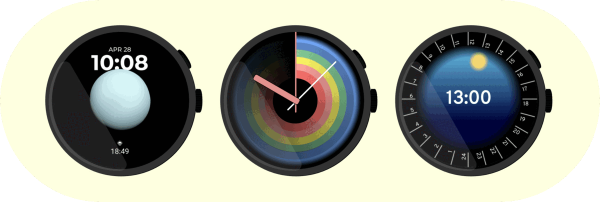 A planets-based watch face, a rainbow-inspired watch face and one based on the sun and moon