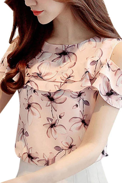 Iyasson Casual Floral Print Chiffon Blouses Top 