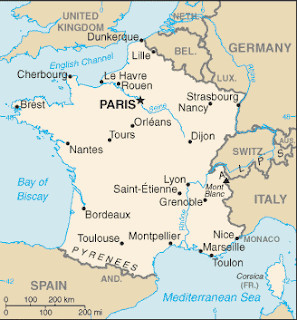 Map of Paris, Nice, Bordeaux, Dijon, Montpellier,Marsellie, Toulon, Toulouse, Strasbourg, France