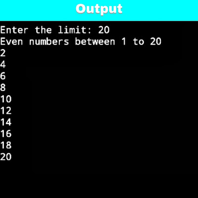 C program to print even numbers from 1 to n,  Even numbers from 1 to n