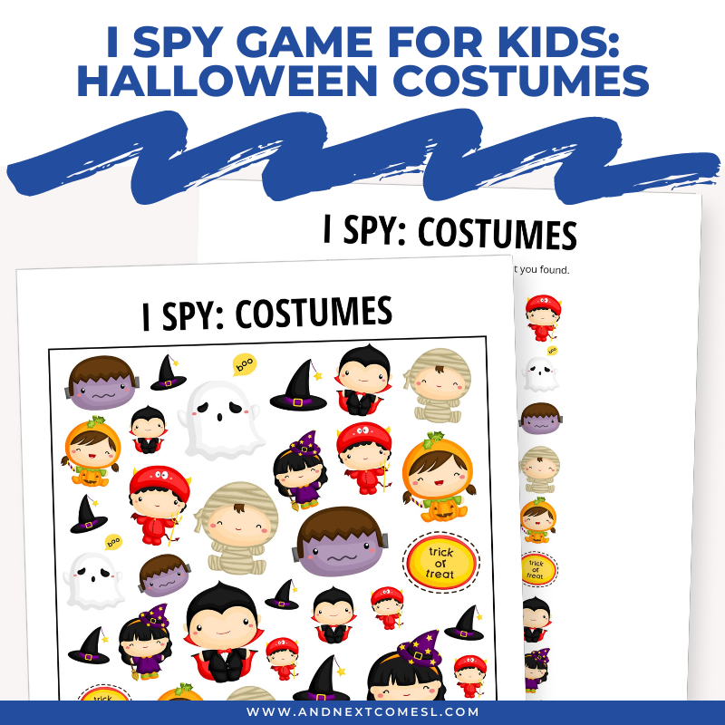 Printable Halloween costumes I spy game for kids