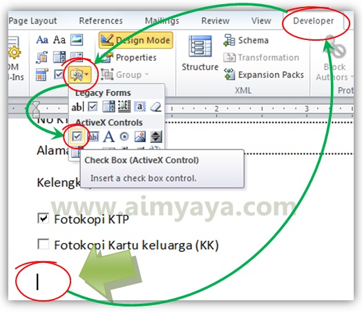  Gambar: Cara Menambah sebuah checkbox (kotak cek) di microsoft word 2010