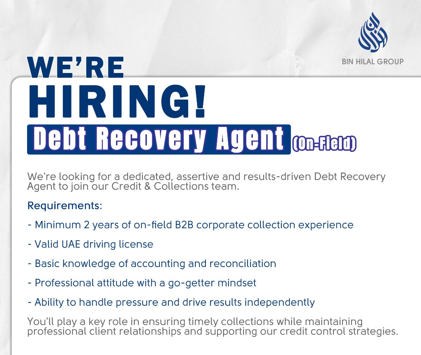 Hiring: Debt Recovery Agent | Bin Hilal Holdings | Latest Jobs in Dubai 2025