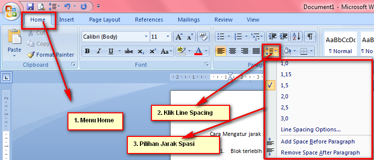 cara mengatur jarak spasi ketikan di ms word