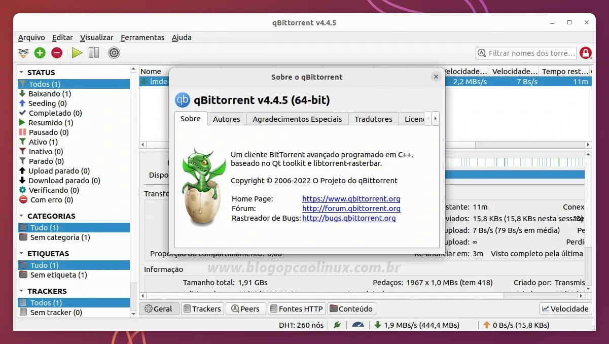 qBittorrent executando no Ubuntu 22.10 (Kinetic Kudu)