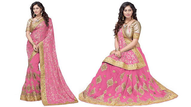 Pragati Fashion Hub Embroidered Fashion Brasso, Net Saree  (Pink)