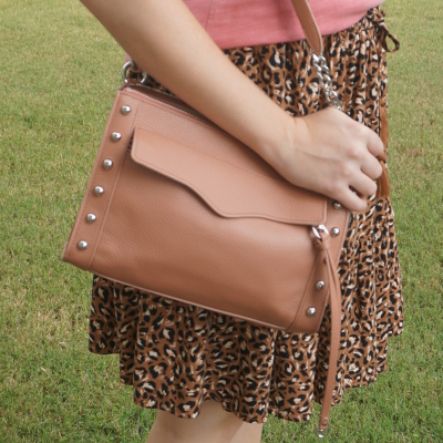 animal print ruffle hem skirt with Rebecca Minkoff MAB crossbody with studs in desert rose | awayfromtheblue