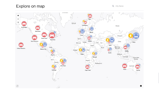 map showing the preferred mode of transport for travelling to work in cities around the world