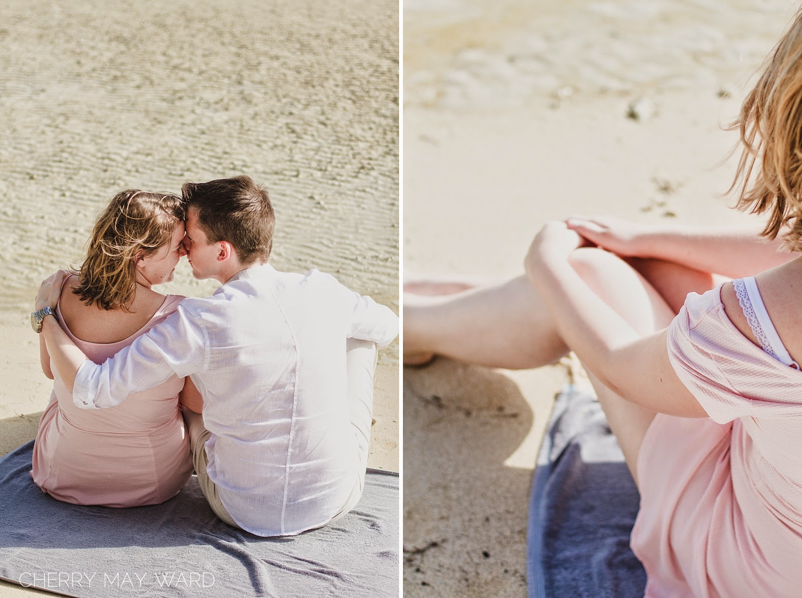 happy couple in love, sitting on the beach on a beach towel, Koh Samui beach bums, cute couple recently engaged, Belgium couple engaged on Samui