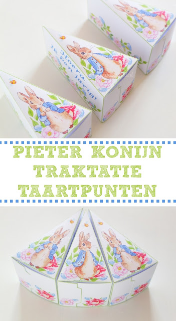 Pieter Konijn traktatie knutselen, traktatie taartpunten, taartpunten bouwplaat, traktatie pieter konijn, konijn traktatie, traktatie kopen, traktatie printen, traktaties bouwplaat, werkplaat taartpunt traktaties