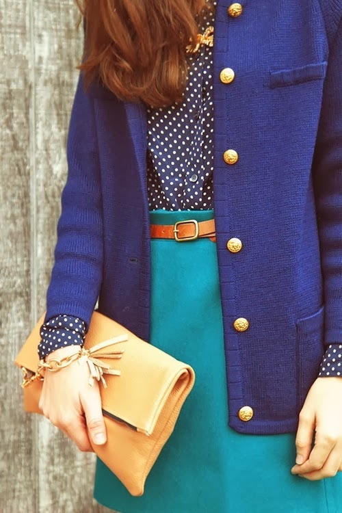 Elegant Dotted Shirt With Skirt And Deep Blue Coat 
