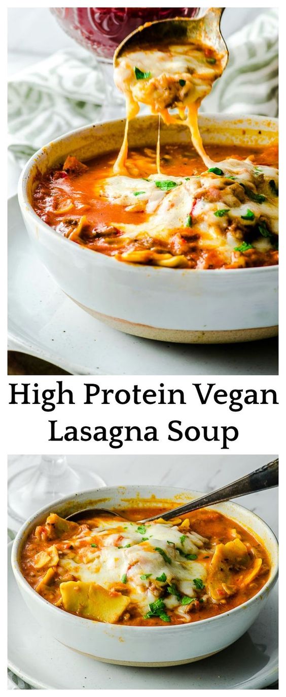 This thick and heart Lasagna Soup is packed with fiber plant based protein. Vegan and gluten free, is a comforting a satisfying meal in a bowl!