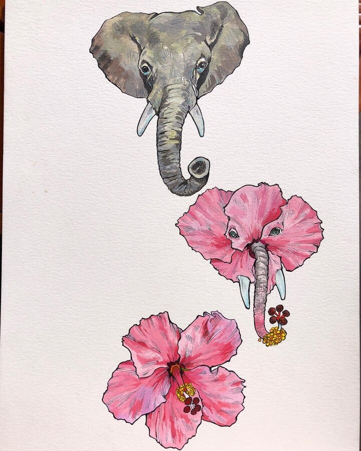 04-Elephant-into-flower-Animal-Drawings-Noel-Badges-Pugh-www-designstack-co