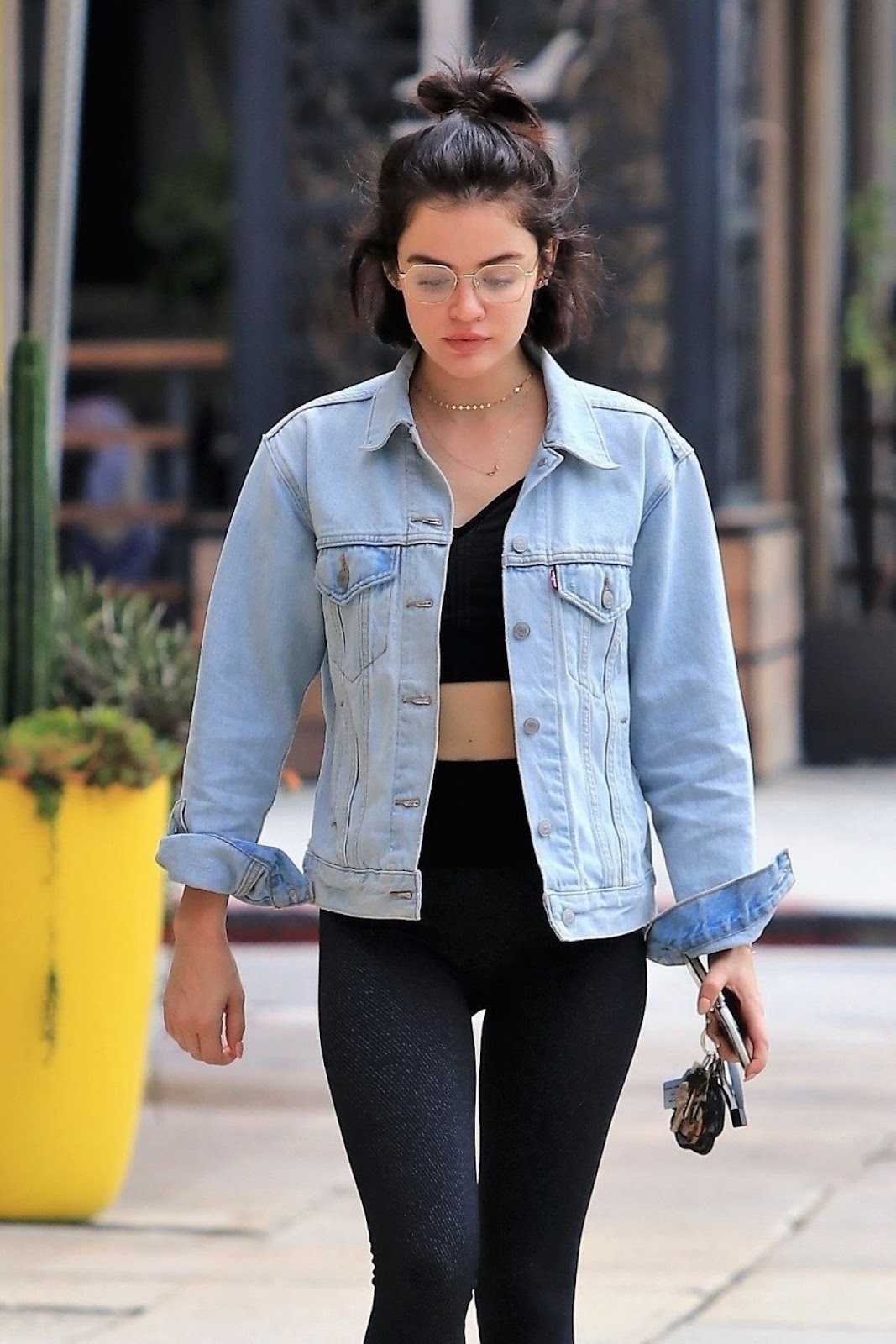 Lucy Hale Street Style in a Denim Jacket in Los Angeles